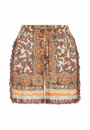 Shorts a vita alta con stampa paisley arancione, marrone e crema, rifinitura con frange di perline su lati e orlo, e coulisse in vita.