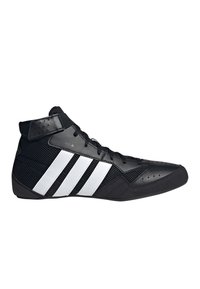 Basket montante noire avec trois bandes blanches, panneaux en mesh et cuir, lacets noirs et perforations sur la zone des orteils.