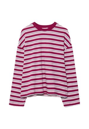 Koszula z długim rękawem w poziome paski w kolorach białym, jasnoniebieskim i ciemnoróżowym oraz gładki, ciemnoróżowy okrągły dekolt.