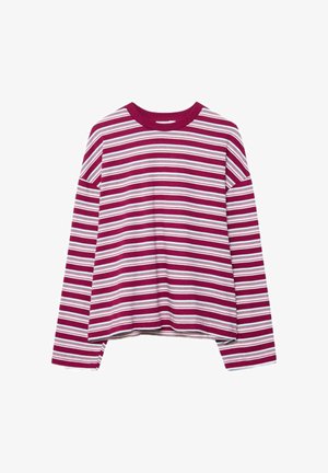 Camicia a maniche lunghe con strisce orizzontali bianche, azzurro chiaro e rosa scuro e scollo a girocollo solido rosa scuro.