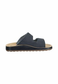 Sorte lædersandal med skærefunktion, polstret indersål og en tyk gummisål med bølgemønster.