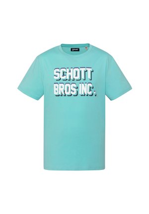 Türkisfarbenes kurzärmeliges T-Shirt mit auffälligem weißem und dunkel schattiertem Text "SCHOTT BROS INC." zentriert auf der Vorderseite.