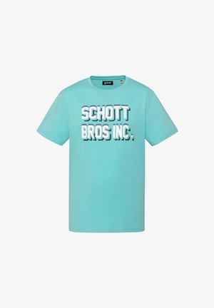 T-shirt turchese a maniche corte con testo audace bianco e ombreggiato scuro "SCHOTT BROS INC." centrato sul davanti.