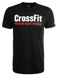Černé bavlněné tričko s nápisem "CrossFit" bílou barvou a "FORGING ELITE FITNESS" červenou barvou. Krátké rukávy, kulatý výstřih, standardní střih. Logo Reebok na rukávu.