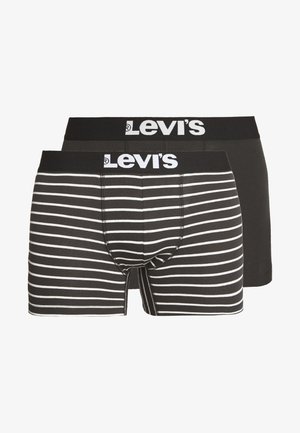 Duas pares de boxers Levi's: um preto liso e outro com riscas horizontais pretas e brancas, com cinturas elásticas com logotipo.