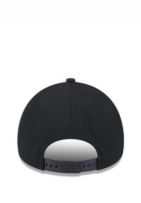 Black baseball cap with a rounded back, made of textured fabric, featuring a snapback closure and a small top button.