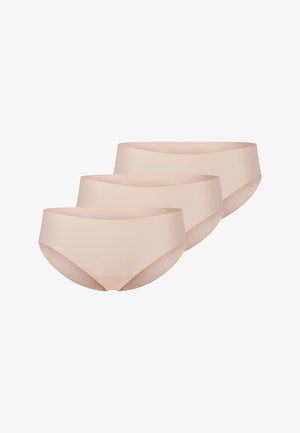 Kolme paria vaaleanbeigejä naisten alushousuja, jotka on valmistettu pehmeästä, joustavasta kankaasta. Jokaisessa parissa on keskikorkea vyötärö ja saumaton muotoilu.