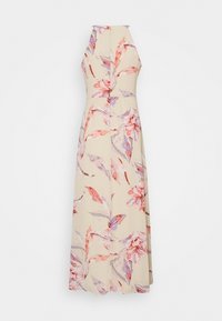 Floral maxi dress in beige with red and purple leaf patterns. Features a high neckline and A-line silhouette, made of lightweight fabric.