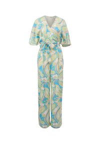 Langer, wickelartiger Jumpsuit aus einem leichten Stoff. Hat ein Paisley-Muster in Blau, Gelb und Pink. Verfügt über einen V-Ausschnitt und eine Bindegürtel.