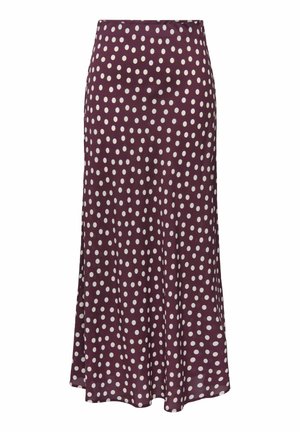 Burgunderfarget midi-skjørt i et flytende design, med et mønster av hvite polkadotter, glatt tekstur og en lett utsvingt kant.