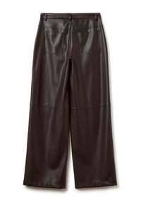 Pantalons larges en simili cuir noir avec une texture lisse, présentant une taille élastique, des poches au dos et un design droit.