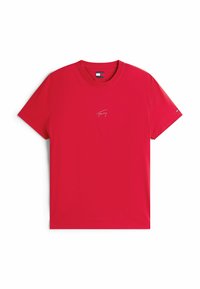 T-shirt in cotone rosso con scollatura a girocollo, maniche corte e piccolo logo bianco sul petto. Tessuto liscio, vestibilità casual, senza fantasie.