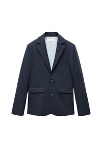 Blazer blu navy in tessuto strutturato, con rever a lancia, due tasche frontali e due bottoni per la chiusura. Interno foderato.
