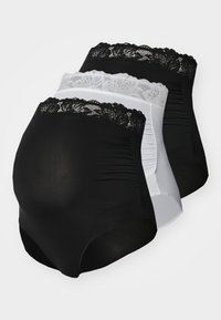 Set van drie slips in zwart en wit. Heeft een kanten rand aan de taille, zachte stof, hoog ontwerp en geplooide textuur aan de zijkanten.