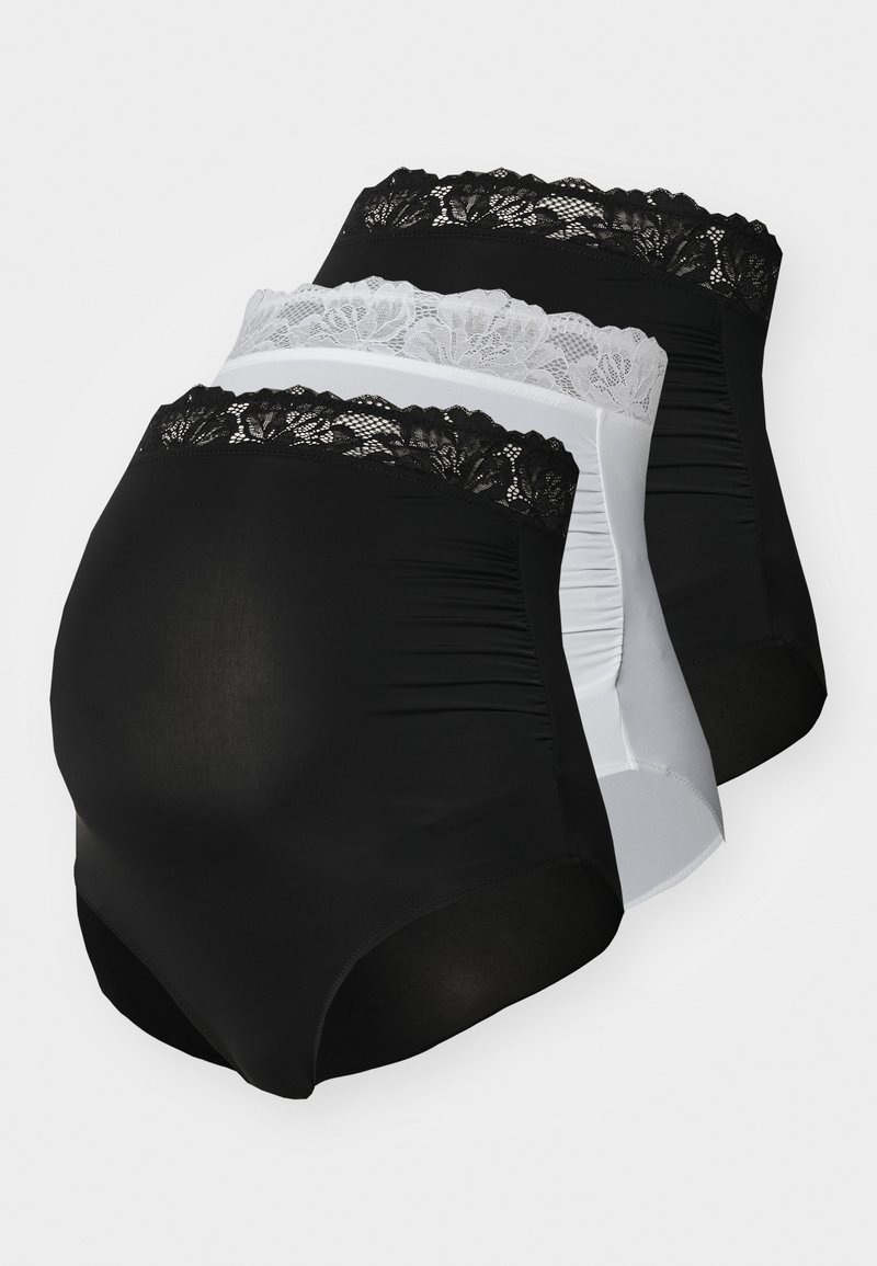 Conjunto de três cuecas em preto e branco. Apresenta renda na cintura, tecido suave, design de cintura alta e textura gathered nas laterais.