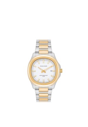 Reloj de pulsera Spear & Walker bicolor, plateado y dorado, con esfera blanca, indicador de fecha y brazalete metálico de eslabones.