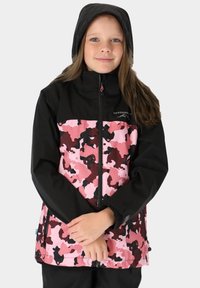 Black and pink camo jacket with a zip front, hood, and elastic cuffs. Features a contrasting upper section and subtle logo detail.