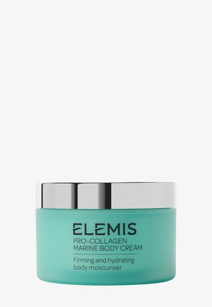 Crema corporal Elemis Pro-Collagen Marine en un tarro azul verdoso con tapa plateada, etiquetada como hidratante y reafirmante para el cuerpo.