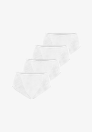 Fire ensfarvede hvide bomuldsunderbukser arrangeret i en forskudt række på en hvid baggrund.