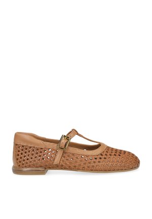Brown woven leather flat shoe with a T-strap and gold buckle, round toe, and low wooden heel.