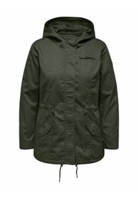 Olivgrüne Jacke mit Kapuze, einem Reißverschluss-Brusttasche, Seitentaschen, verstellbarem Kordelzug in der Taille und einer glatten, leichten Textur.