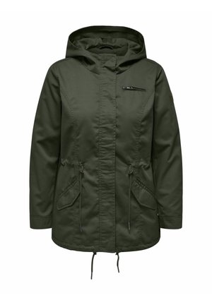 Giacca cappuccio verde oliva con tasca frontale con zip, tasche laterali, cordino regolabile in vita e una texture liscia e leggera.