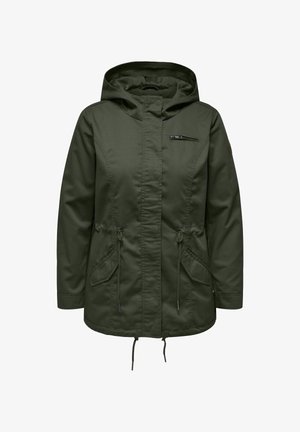 Kapturowa kurtka w oliwkowym kolorze z zamykaną na zamek kieszenią na piersi, kieszeniami bocznymi, regulowanym sznurkiem w talii oraz gładką, lekką teksturą.