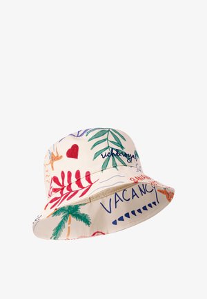 Cappello a secchiello in tela, con uno sfondo crema decorato da motivi tropicali colorati, tra cui foglie, cuori e testo.