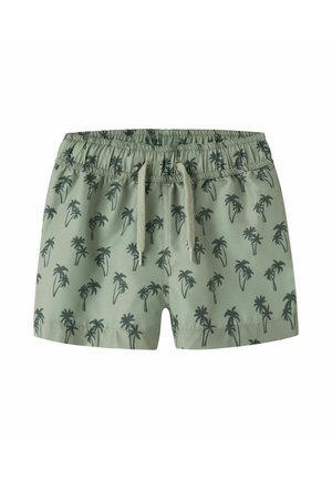 Zielone kąpielówki z sznurkiem, ozdobione czarnym nadrukiem palm i elastycznym pasem.