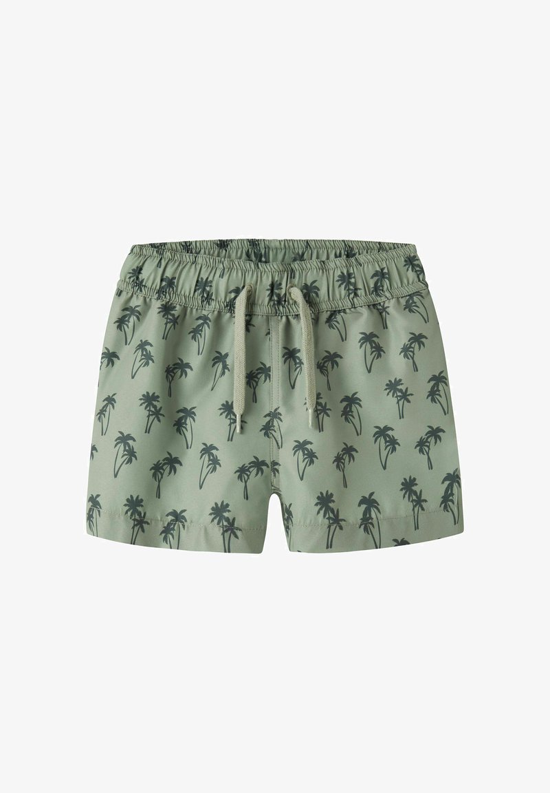 Short de bain vert à cordon de serrage avec imprimé de palmiers noirs et taille élastique.