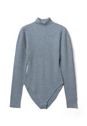 Grau geripptes Langarm-Body mit Rollkragen und Druckknopfverschluss im Schritt, flach auf einem weißen Hintergrund ausgelegt.