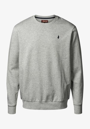 Pilkas džemperis, pagamintas iš minkštos medžiagos, su apvaliomis iškirptėmis, guminėmis rankovėmis ir apačia. Yra nedidelis tamsus logotipas kairiajame krūtinės šone.