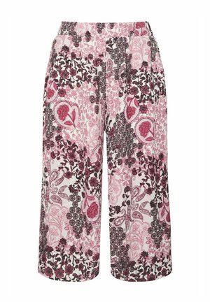 Pantalones de pierna ancha con cintura elástica, con patrones florales y de cachemira en rosa, burdeos y negro sobre un fondo blanco.