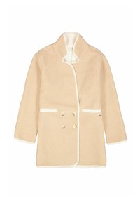 Beige fleece jacket met een hoge kraag, dubbele knopen en witte piping. Heeft zijzakken en een zachte textuur.