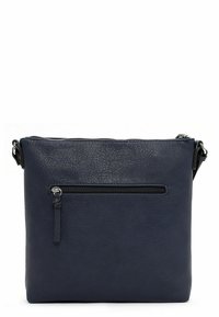 Borsa a tracolla in pelle blu navy con superficie texturizzata, chiusura superiore con zip e tasca frontale con zip. Include una tracolla regolabile.