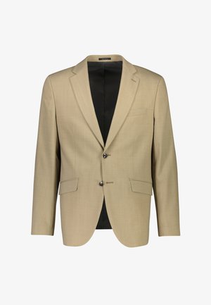 Blazer beige con una trama sottile, due bottoni frontali, revers a scarpina e una tasca sul petto. Fodera nera e doppie tasche frontali.
