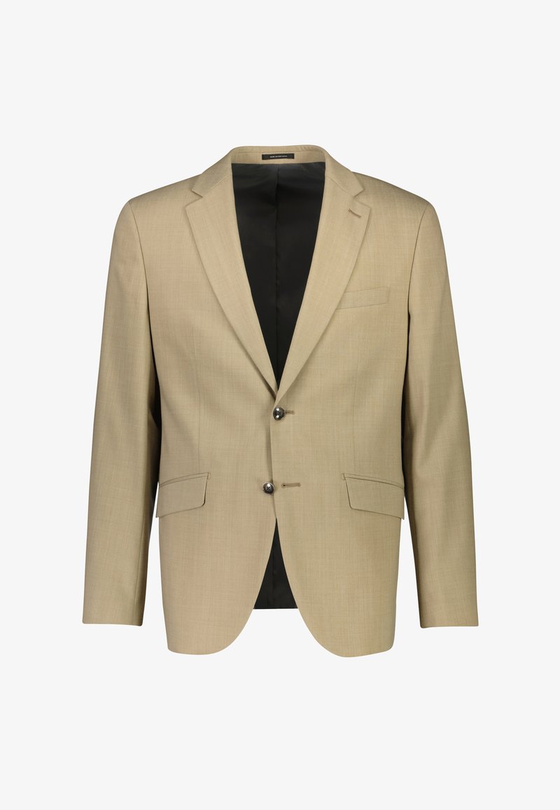 Blazer beige con una trama sottile, due bottoni frontali, revers a scarpina e una tasca sul petto. Fodera nera e doppie tasche frontali.
