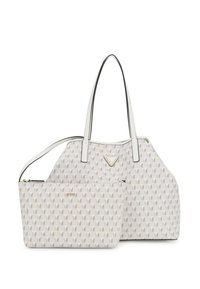 Duża torba na zakupy w jasnoszarym kolorze z wzorami liści, białe skórzane akcenty, dwa uchwyty i odpinana kieszeń na zamek błyskawiczny.