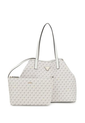 Grand sac fourre-tout imprimé en gris clair avec des motifs de feuilles, des accents en cuir blanc, deux poignées et une pochette zippée amovible.