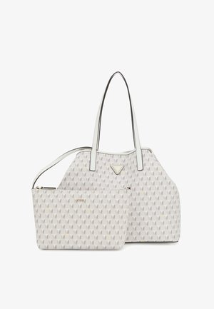 Grote geprinte tote bag in lichtgrijs met bladpatronen, witte leren accenten, twee handvatten en een afneembare ritssluitingsetui.