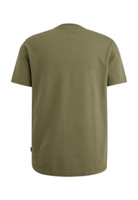 Camiseta de manga corta color verde oliva hecha de una tela suave, con un cuello redondo y corte recto, que presenta detalles de costura mínimos.