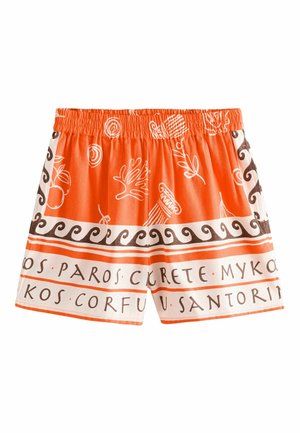 Orange-weiße Badeshorts mit Namen griechischer Inseln und abstrakten, meeresbezogenen Mustern, mit elastischem Bund.