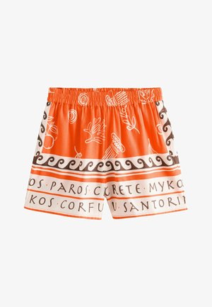 Pantaloni scurți de baie portocalii și albi cu numele insulelor grecești și modele abstracte cu tematică marină, cu talie elastică.