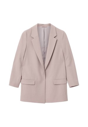 Lysebeige skræddersyet blazer med hakkrave, lange ærmer og to frontlommer med klapper, vist på en hvid baggrund.