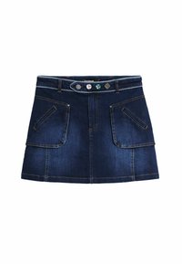 Jupe en denim bleu foncé avec deux poches avant en angle, des coutures contrastantes et trois boutons décoratifs à la taille.