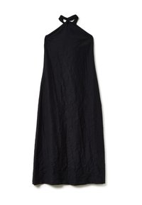 Abito nero a halter in tessuto strutturato, con scollatura annodata e design fluido a lunghezza intera. Senza motivi o decorazioni visibili.