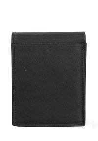 Portafoglio in pelle nera con una texture liscia, forma rettangolare e cuciture sottili lungo i bordi. Design semplice e privo di decorazioni.