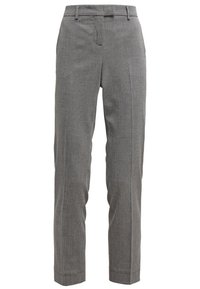 Grå rutiga byxor med skräddarsydd passform, som har en platt front, sidofickor och en subtil textur. Raka bendesign, inga synliga utsmyckningar.