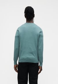 Pulover de culoare teal deschis, cu mâneci lungi și decolteu rotund, confecționat dintr-un material tricotat moale. Vedere din spate care arată tivul și manșetele bordate.