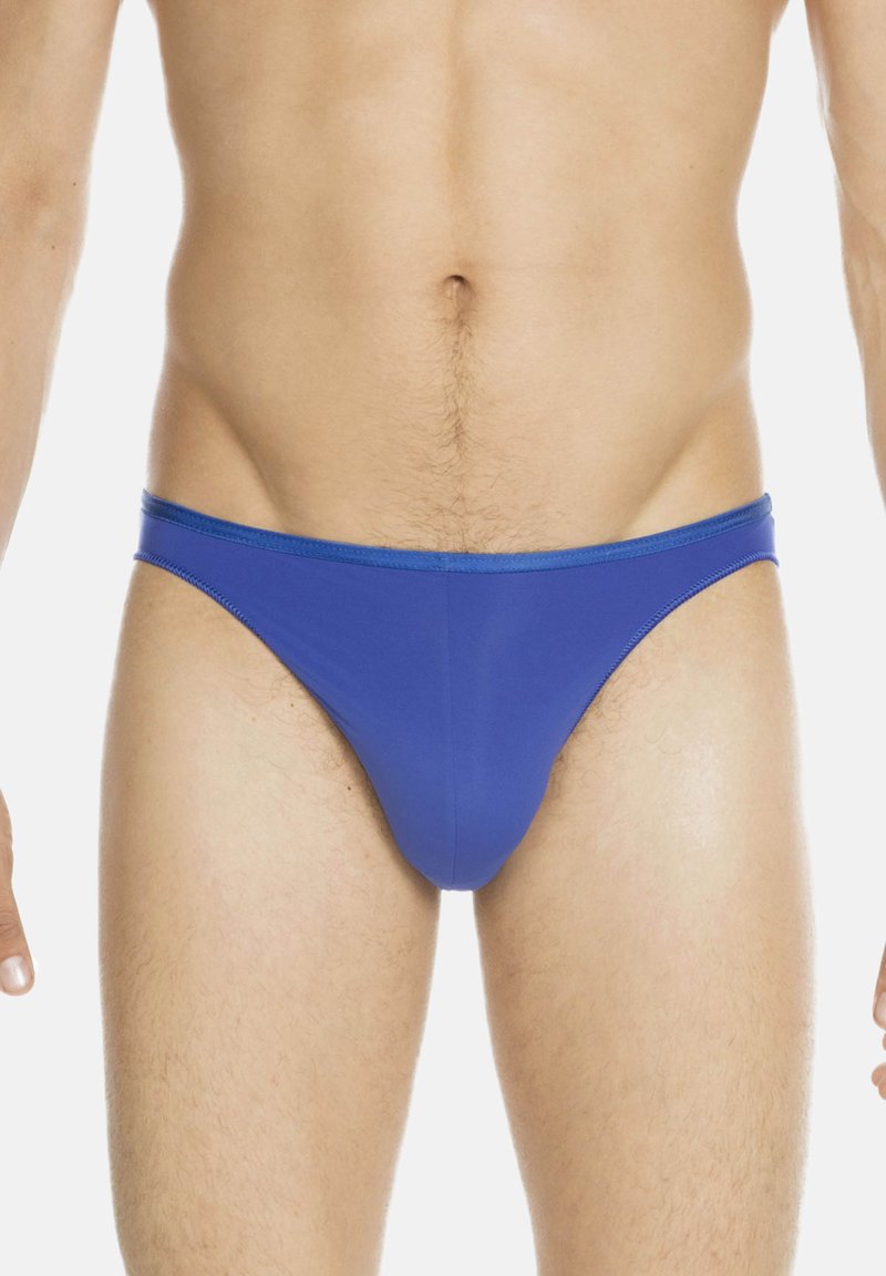 Blue men's bikini briefs made of smooth fabric. Features a waistband and a minimalist design, showing a fit silhouette.